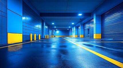 Blue Underground Garage: A perspective of a concrete blue and yellow garage, wet from the rain, with a single line of yellow paint down the center, and multiple garage doors closed in the distance.