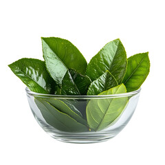 Wall Mural - Front view of black lime leaves in a small glass bowl isolated on a white transparent background