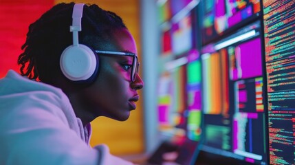 Focused female programmer with headphones works late at night on coding project, surrounded by multiple screens displaying colorful code.