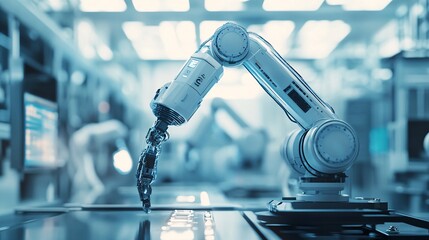 Poster - Robotic arm working on assembly line in modern factory