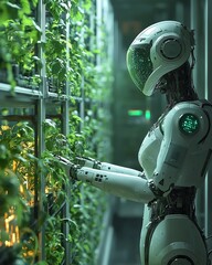 Poster - Autonomous robots tending crops in a smart greenhouse, hydroponic systems with vibrant green plants, advanced sensors glowing subtly, highdetail, photorealistic, 8K