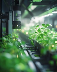 Poster - Autonomous robots tending crops in a smart greenhouse, hydroponic systems with vibrant green plants, advanced sensors glowing subtly, highdetail, photorealistic, 8K