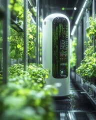 Poster - Autonomous robots tending crops in a smart greenhouse, hydroponic systems with vibrant green plants, advanced sensors glowing subtly, highdetail, photorealistic, 8K