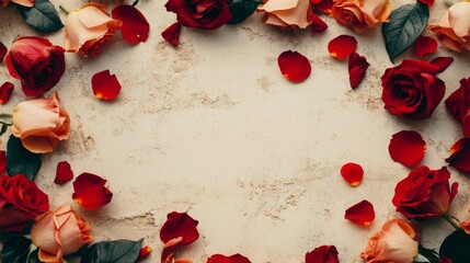 Aufkleber - A decorative layout features vibrant red and pink roses along with scattered petals on a textured light surface.