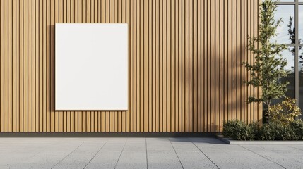 Wall Mural - A minimalist outdoor scene featuring a wooden wall with a blank white canvas, surrounded by greenery.