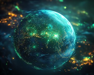 Aufkleber - Futuristic global network infrastructure with interconnected data streams, glowing digital nodes, vibrant blue and green light effects, ultradetailed, photorealistic, 8K