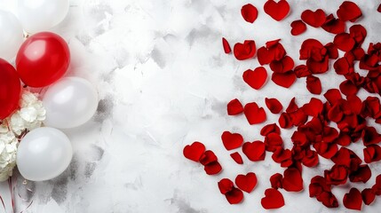 Poster - Colorful balloons in red and white accompany scattered red heart-shaped petals on a light background, creating a festive atmosphere ideal for a romantic celebration or event.