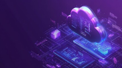 Isometric global digital technology landing page. Big data, cloud information storage, global transferring technology and remote access concept on ultraviolet background. Vector 3d illustration.