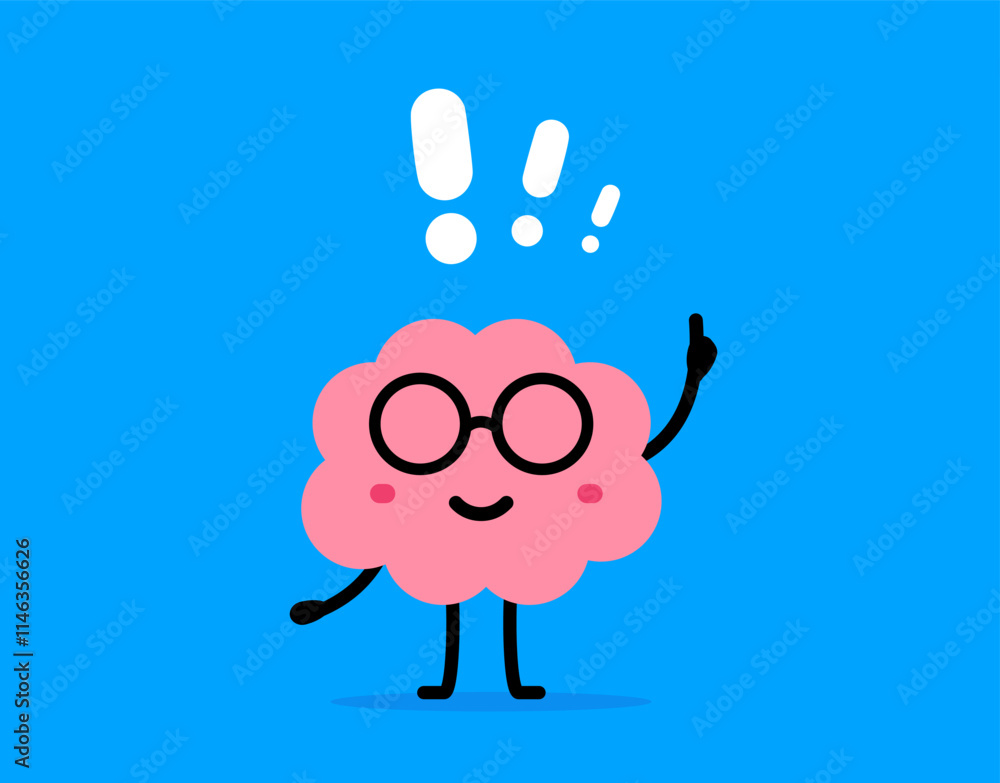 Vector cartoon illustration of cute happy brain character in glasses ...