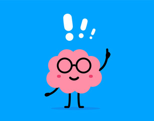 Wall Mural - Vector cartoon illustration of cute happy brain character in glasses with raise hand up and exclamation mark on blue color background. Flat doodle style design of solution brain think