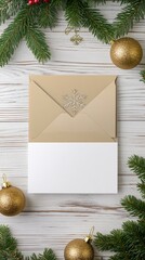 Wall Mural - Elegant beige envelope with silver snowflake seal and blank card on white wooden background, decorated with Christmas tree branches and golden baubles for holiday greetings.