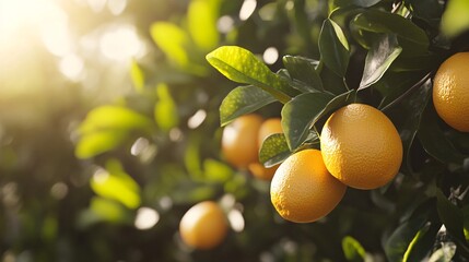 Poster - Ripe oranges hanging on branch in warm sunlight