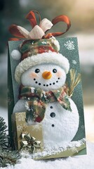 Wall Mural - Adorable festive snowman decoration with fluffy white trim on hat, cozy plaid scarf, and carrot nose, holding tiny broom against green background with red bow and holiday accents.