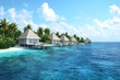 © neiros - Picturesque beach in the Maldives with overwater bungalows. A 3D rendering showcasing a luxury travel vacation destination in a panoramic banner. Ideal romantic honeymoon retreat in water villas,
