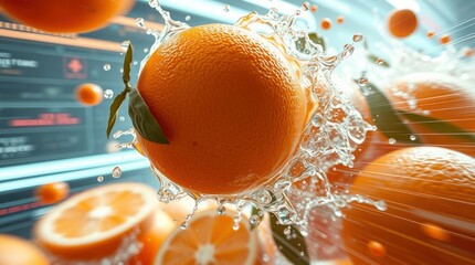 Wall Mural - A dynamic in-motion futuristic sci-fi style image of fresh delicious oranges splashing, featuring advanced technology, space elements, blurred lines, and action poses