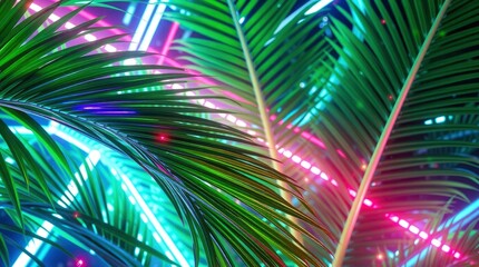 Wall Mural - a futuristic sci-fi light art piece featuring a set of tropical green palm leaves, incorporating art