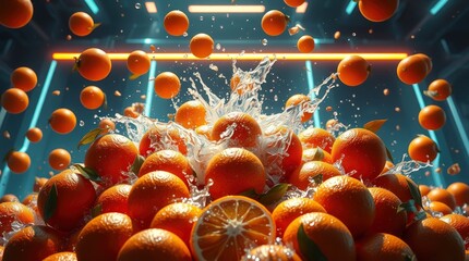 Wall Mural - a grand, epic scene of fresh, delicious oranges splashing on a massive scale, depicted with modern f