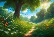 © Yaroslava - lush green nature scape showcasing diverse flora colorful fauna vivid landscape generous touches sunshine blue skies, greenery, flowers, plants, trees
