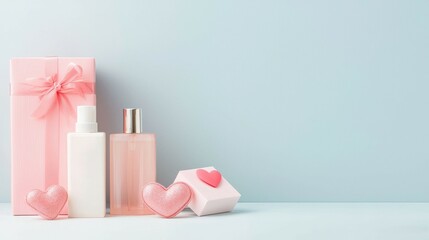 valentine sale couples luxury concept, Elegant beauty products arranged with a gift box, perfect for a romantic occasion or self-care routine.