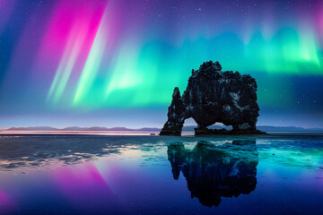 Wall Mural - purple and green northern lights over basalt stack hvitserkur on the vatnsnes peninsula, iceland. go