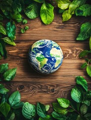 Wall Mural - World Environment Day postcard. Globe with green leaves on a brown wooden board background. Environmental protection on the planet. Concept - Protect our Earth. Ecology problems on the planet Earth