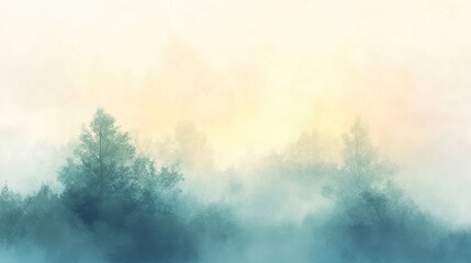 Aufkleber - A serene landscape of misty trees at dawn, evoking tranquility and nature's beauty.