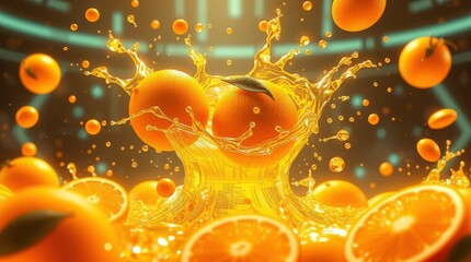 Wall Mural - futuristic sci-fi style illustration of fresh delicious oranges splashing, radiant luxurious aesthet
