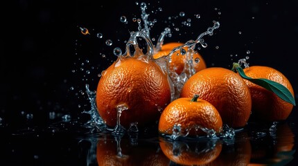 Wall Mural - Intense jet black image of fresh oranges splashing in a rainy scene, reflective surfaces, drizzling rain, deep shadows, high contrast