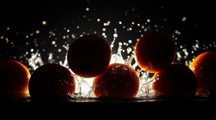 Wall Mural - Silhouetted set of fresh, delicious oranges splashing, backlighting creating iridescent colors and reflections, light source positioned behind the subject
