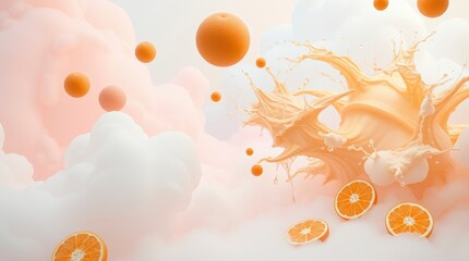 Wall Mural -  Soft pastel colors, dreamlike surreal imagery, set of fresh oranges splashing, fantastical elements, bizarre scenes, gentle and soothing atmosphere