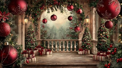 Wall Mural - Festive Christmas balcony scene with red ornaments, trees, and gifts.