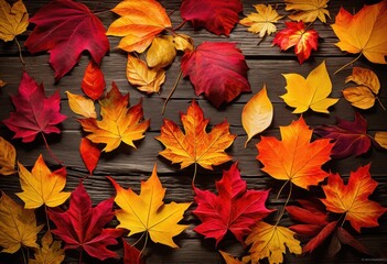 Wall Mural - vibrant autumn leaves scattered rustic weathered wood background showcasing rich colors textures, fall, foliage, orange, brown, yellow, nature, scenery, detail