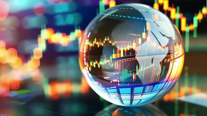 Wall Mural - Crystal ball reflecting global financial market trends sits on a vibrant stock exchange data screen, symbolizing investment analysis, big data, and the interconnected nature of the world economy