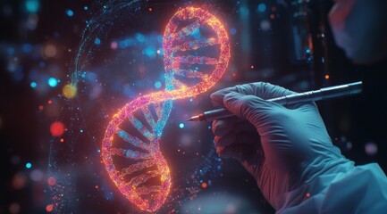 Wall Mural - a scientist holds a pen and draws a dna double helix in a holographic style, against a futuristic ba