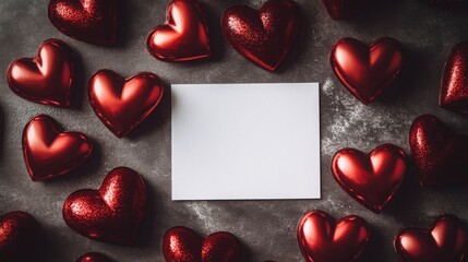 Fototapete - Bright red decorative hearts are arranged around a blank white card on a dark textured background. This setup creates a romantic and inviting atmosphere, perfect for love notes.