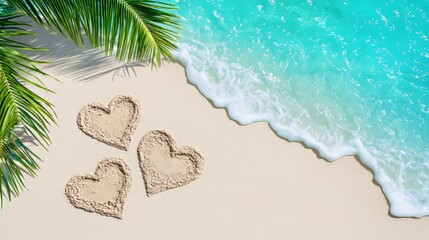 A tropical seaside retreat featuring love hearts etched in the sand.