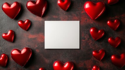 Poster - Red heart shapes are arranged around a blank card resting on a dark textured surface. This setup creates a romantic atmosphere, ideal for a special occasion or heartfelt message.
