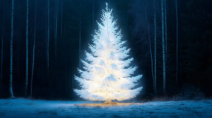 Poster - Sparkling white Christmas tree stands tall in a serene winter forest at night