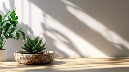 Wall Mural - Plants sitting on tabletop under window light creating shadows on wall