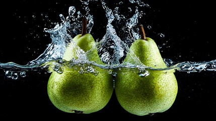 Wall Mural - Two green pears splashing into water.