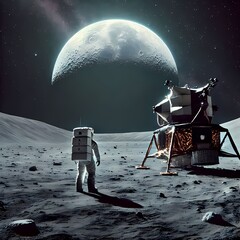 Wall Mural - The image depicts a lunar landing with a lone astronaut on the lunar surface, accompanied by the Eagle module of Apollo 11.