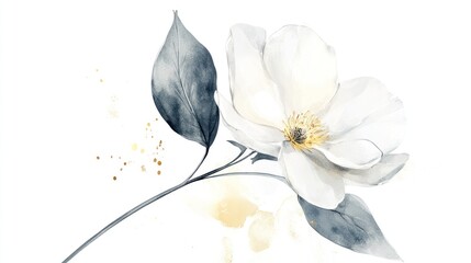 Watercolor painting of a delicate white flower with grey-blue leaves and gold accents on a white background.