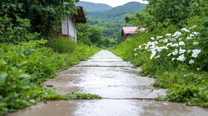 Canvas Print - Wet stone path through lush greenery leading to distant houses and mountains.