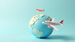 © fotoluigi868 - A model airplane flies over a globe, set against a soft blue background with pastel colors representing the world map._00001_