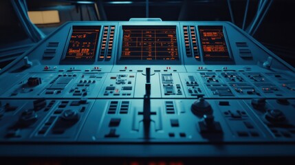 Futuristic control panel with glowing orange displays and various buttons, knobs, and levers in a dark setting.