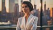© Fabio Principe - Portrait of a businesswoman in office standing in front of a skyline of a modern city, golden hour