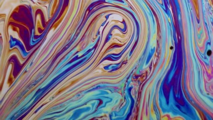 Wall Mural - Closeup video of a soap bubble showing thin film interference concept and the resulting different colors of light with each moving and swirling shapes. Perfect for illustrating concepts of physics.
