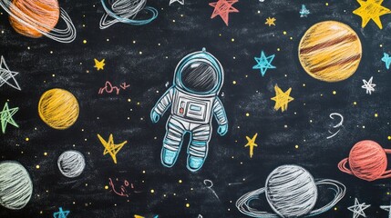 Wall Mural - Chalk drawing of astronaut in space with planets and stars.