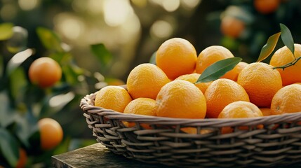 Poster - Basket of freshly picked oranges in an orange grove