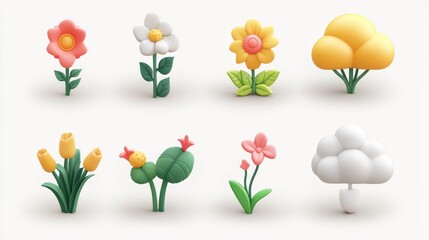 Wall Mural - 63.A set of 3D nature icons featuring a variety of plants, floral shapes, and cloud forms, rendered in a simple, modern style. Each item is individually detailed with soft shadows, creating a clean